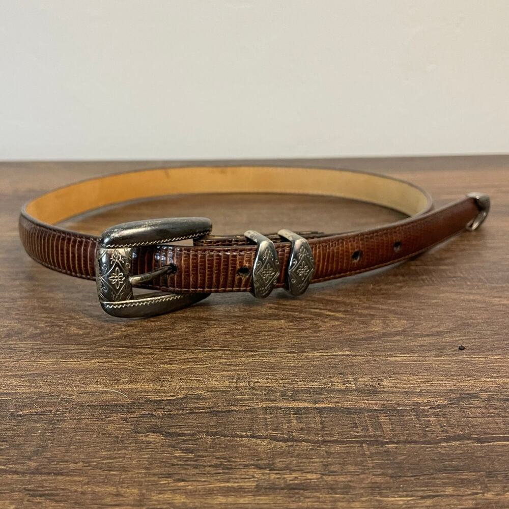 Western Leather Belt Engraved Silver Buckle 3 Piece Set Small Brown